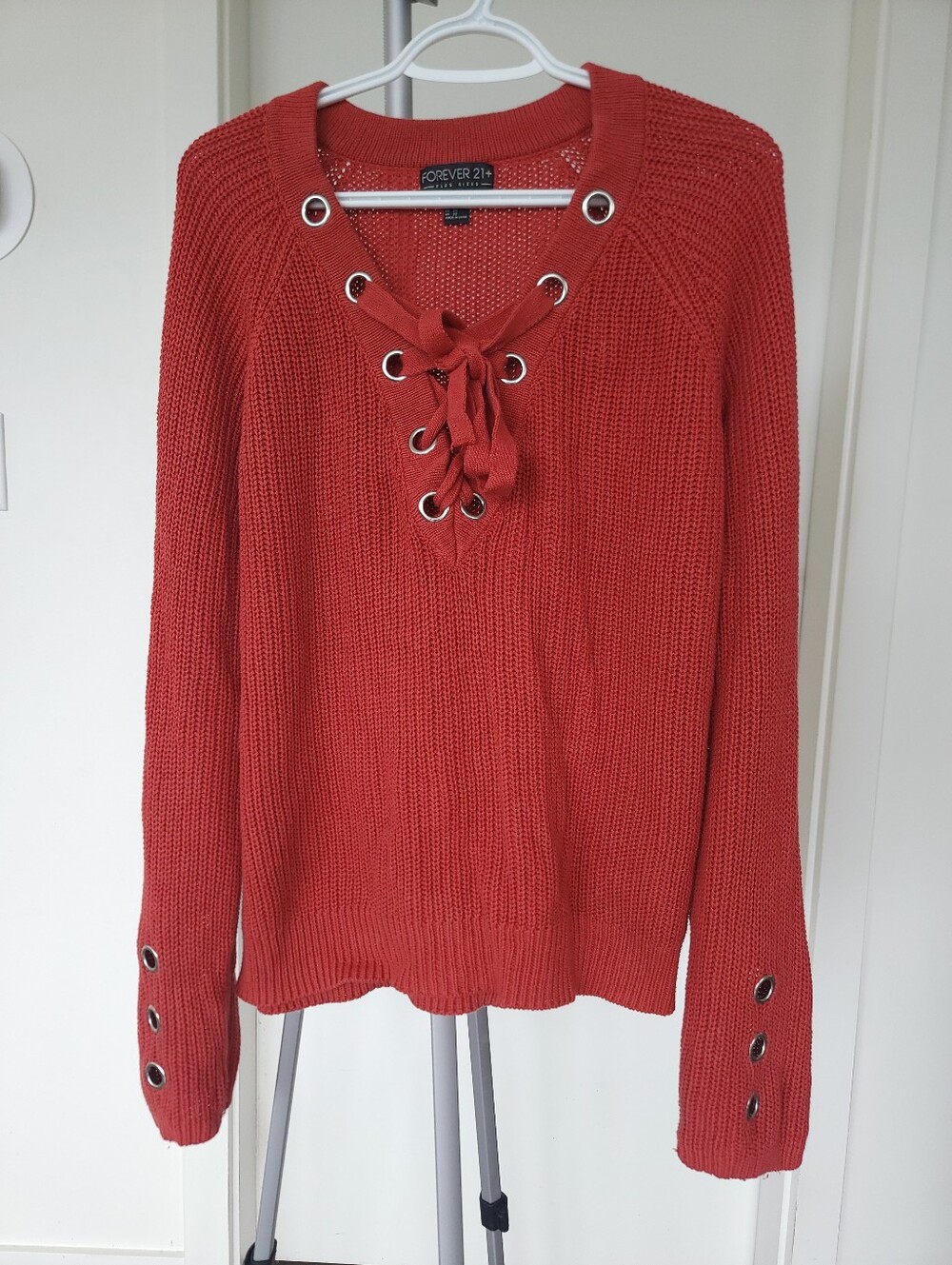 Forever 21 Lace-Up V-Neck Sweater in Rust Orange